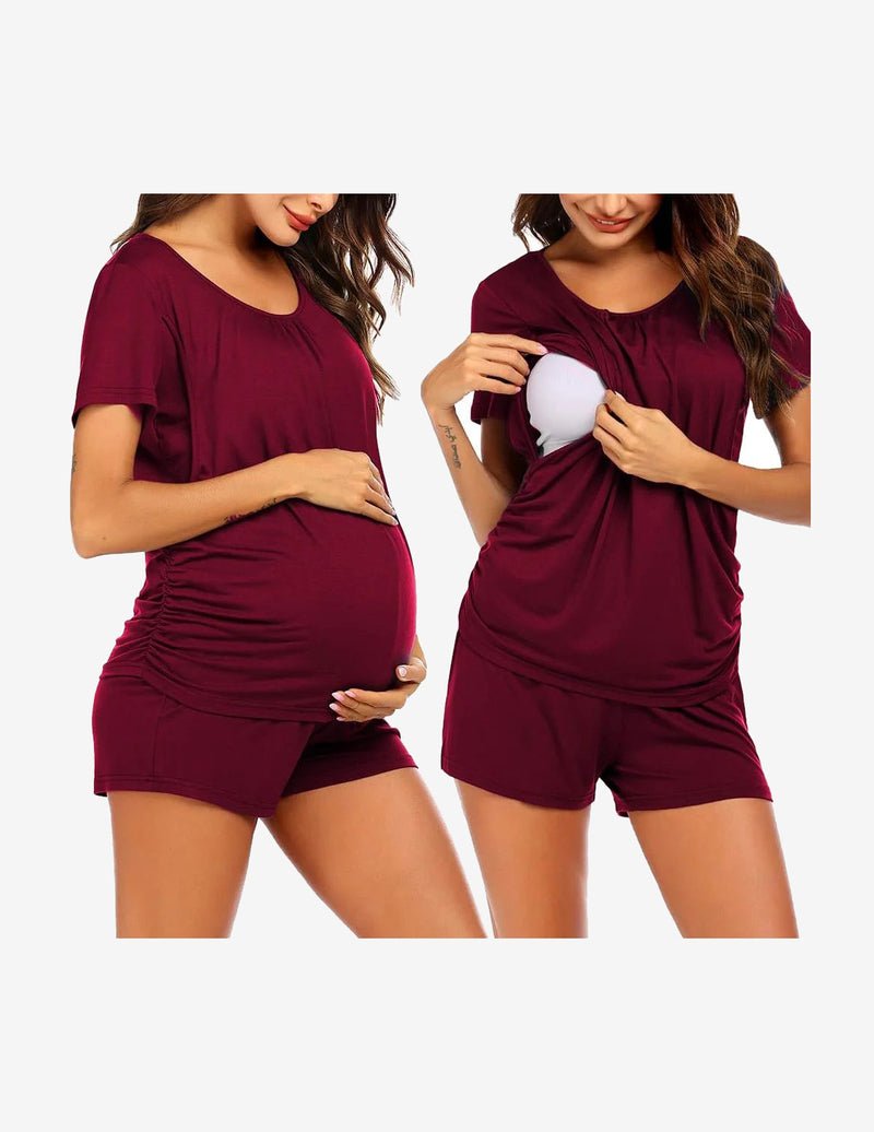 Wine red maternity nursing lounge set: short-sleeve tee with nursing flap and matching shorts