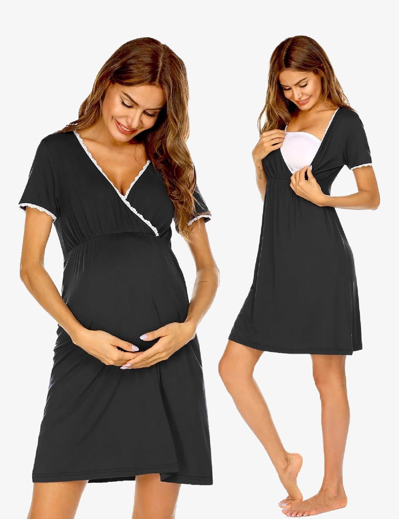 Maternity nursing nightgown dress, short sleeves, V-neck with lace trim, dark charcoal/black