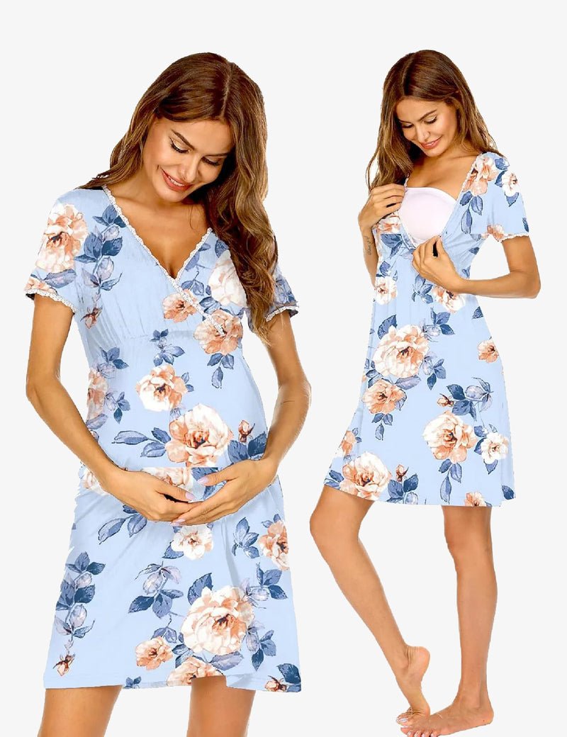 Maternity nursing nightgown dress, short sleeves, V-neck with lace trim, blue floral print