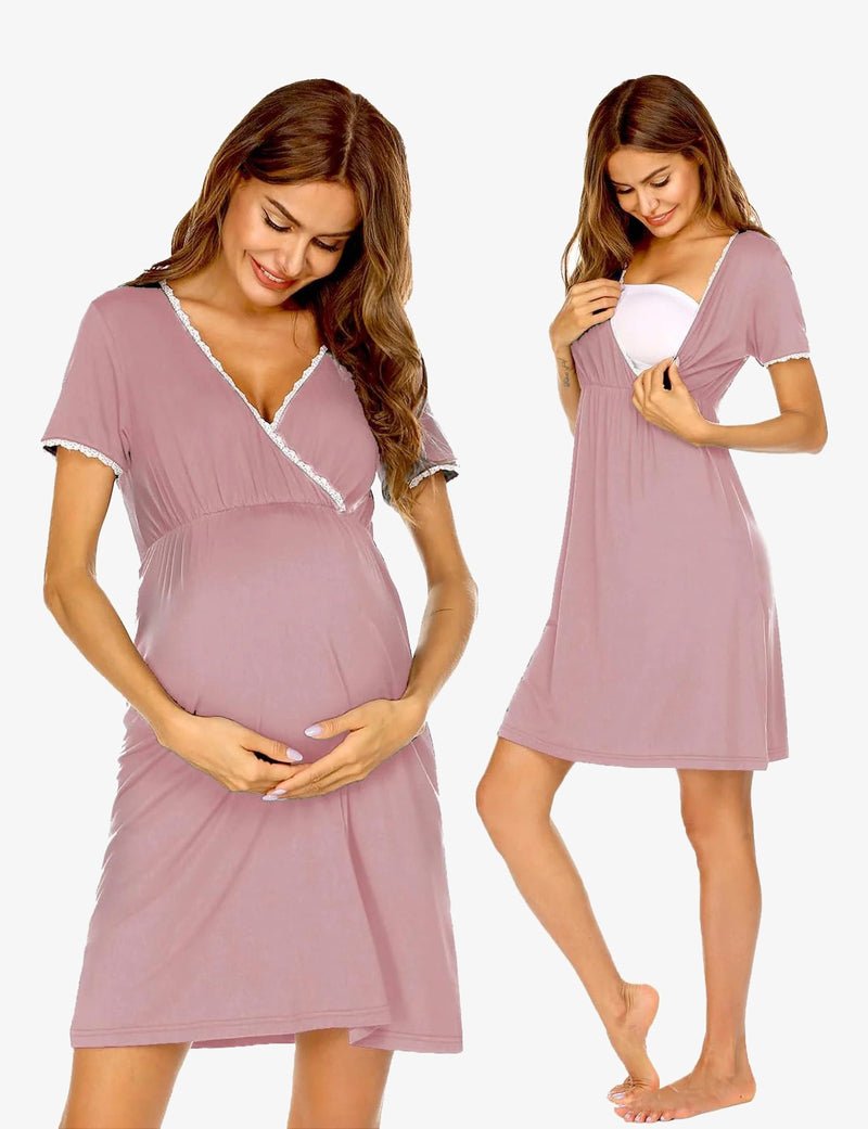 Nursing nightgown, short sleeve maternity dress in misty rose with lace trim