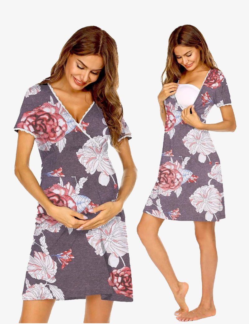 Maternity nursing nightgown dress, short sleeves, V-neck with lace trim, floral print (purple/rose)