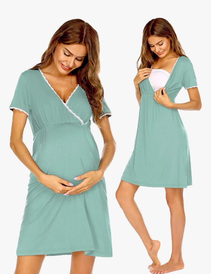 Maternity nursing nightgown dress, short sleeves, V-neck with lace trim, seafoam green