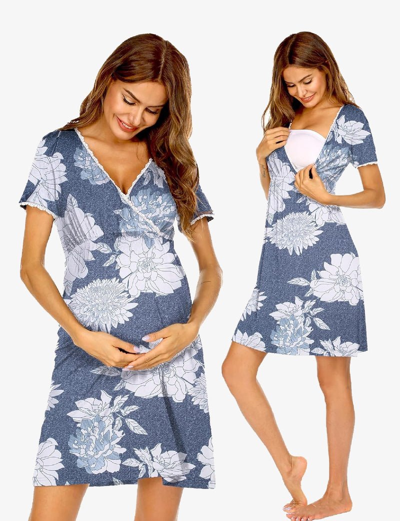Floral maternity nursing nightgown, short sleeves, V-neck, blue with white blooms