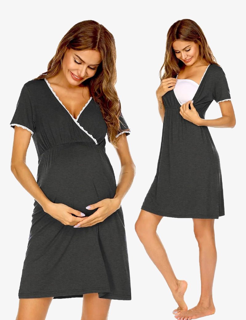 Nursing nightgown, short sleeve maternity dress in black with lace-trim neckline