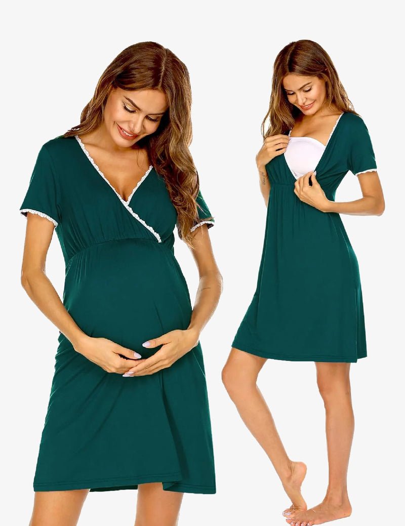 Maternity nursing nightgown dress, short sleeves, V-neck with lace trim, deep green