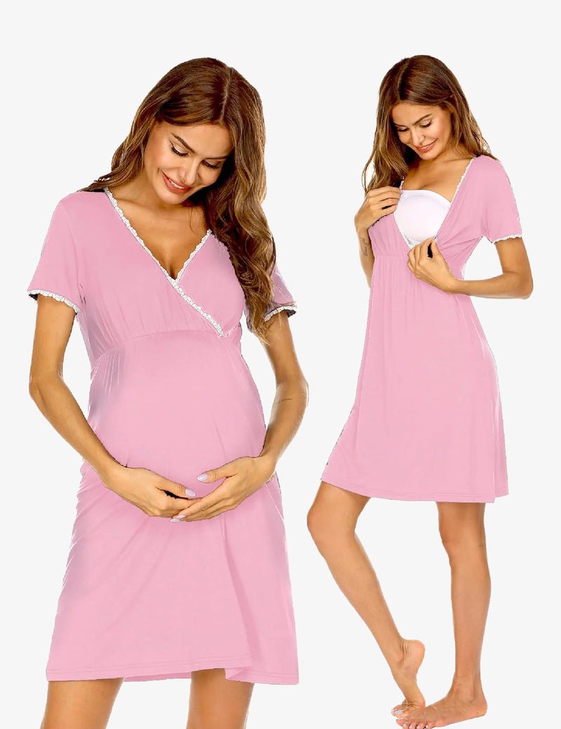 Maternity nursing nightgown dress, short sleeves, V-neck with lace trim, light pink