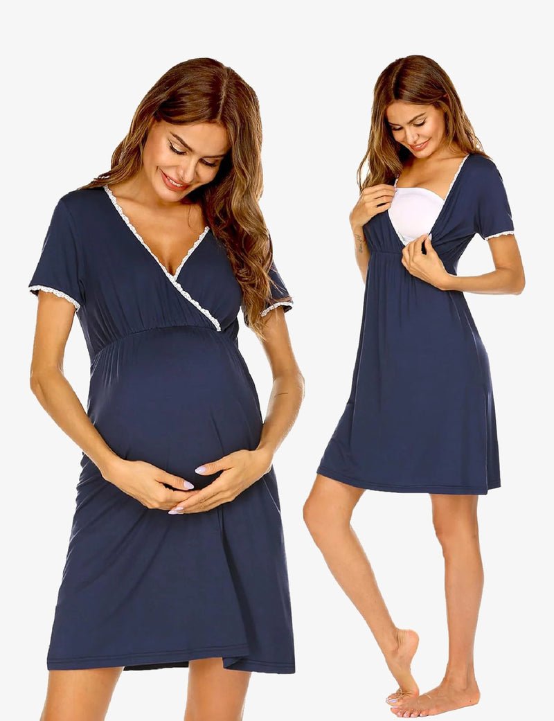Maternity nursing nightgown dress, short sleeves, V-neck with lace trim, navy blue