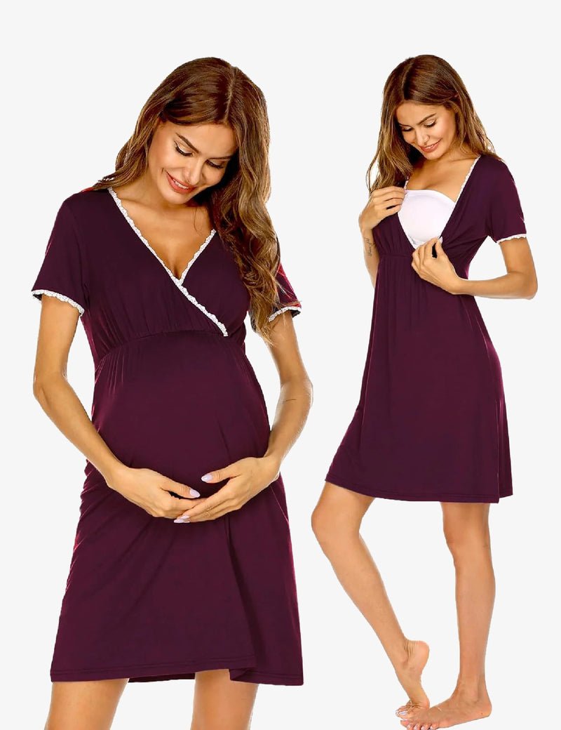 Maternity nursing nightgown dress, short sleeves, V-neck with lace trim, deep plum