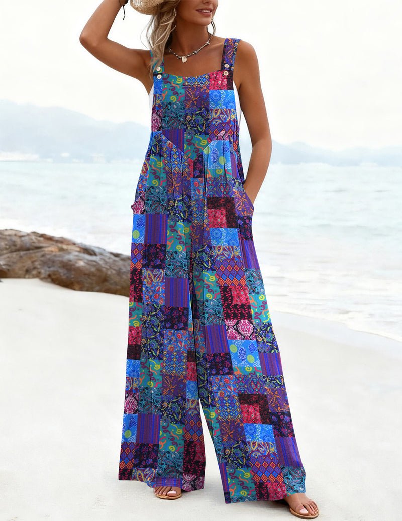 Ekouaer Boho Floral Printed Baggy Rompers A Blue Boho Print / M