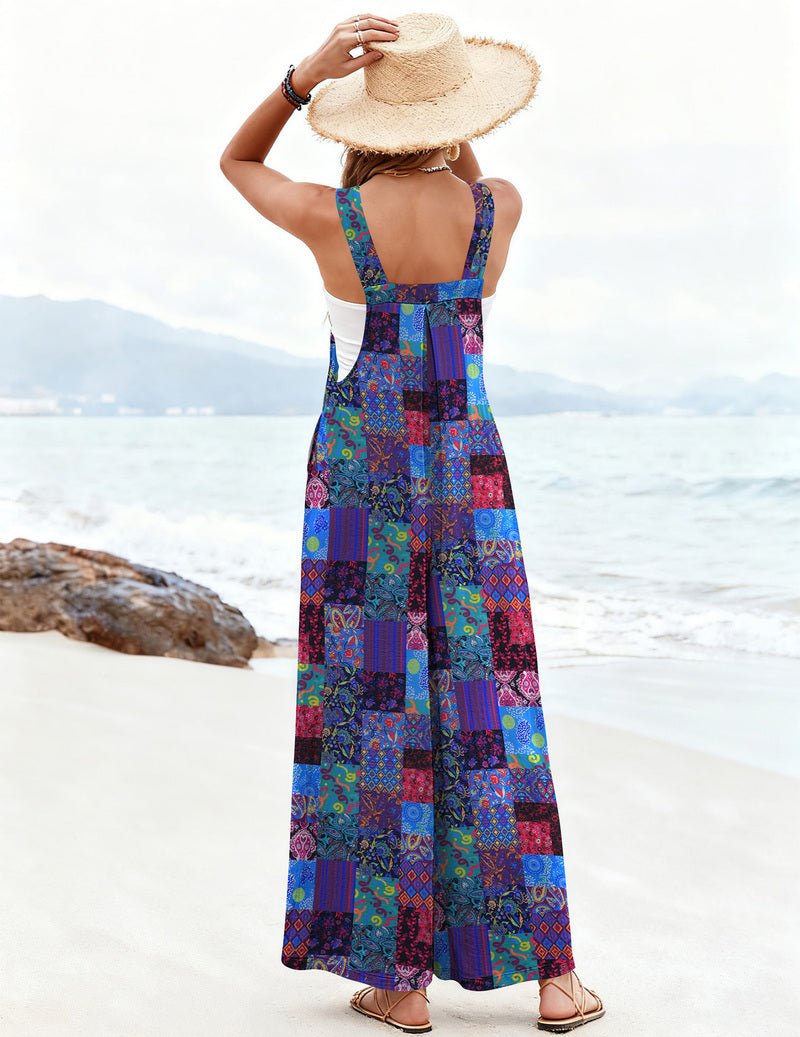 Loose wide-leg jumpsuit in multicolor patchwork geometric print