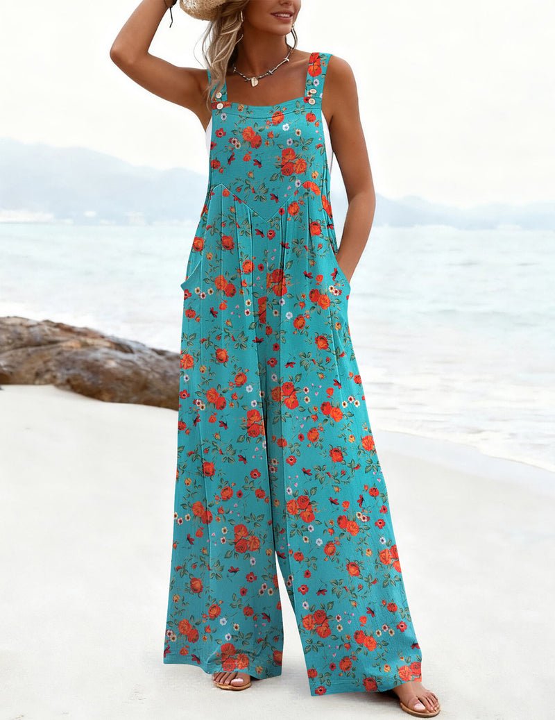 Tealfarbener Boho-Jumpsuit mit weiten Hosenbeinen und roten Blumenprint