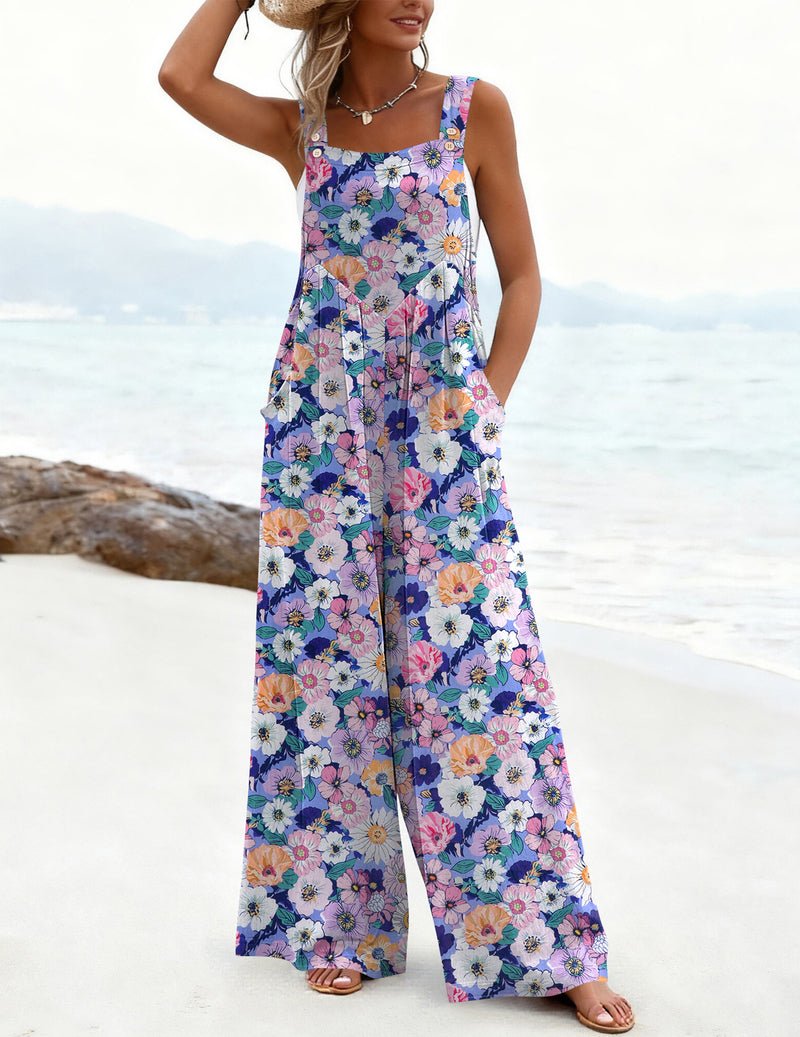 Bunt gemusterter Boho-Jumpsuit mit weiten Hosenbeinen, lila-blauem Blumenprint