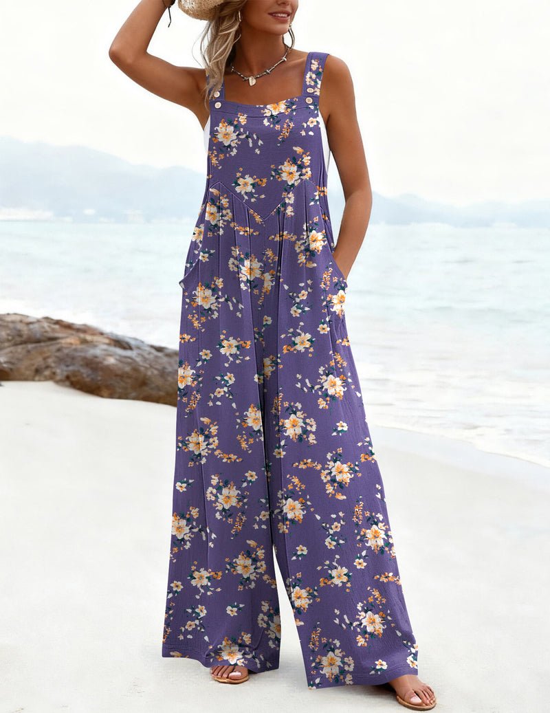 Purple floral wide-leg jumpsuit with square neckline and adjustable button straps