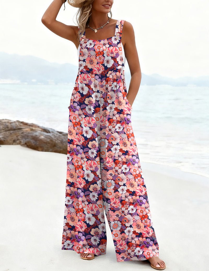 Boho-Jumpsuit mit breiten Trägern, weite Hosenbeine, rosa-blaues Blumenmuster
