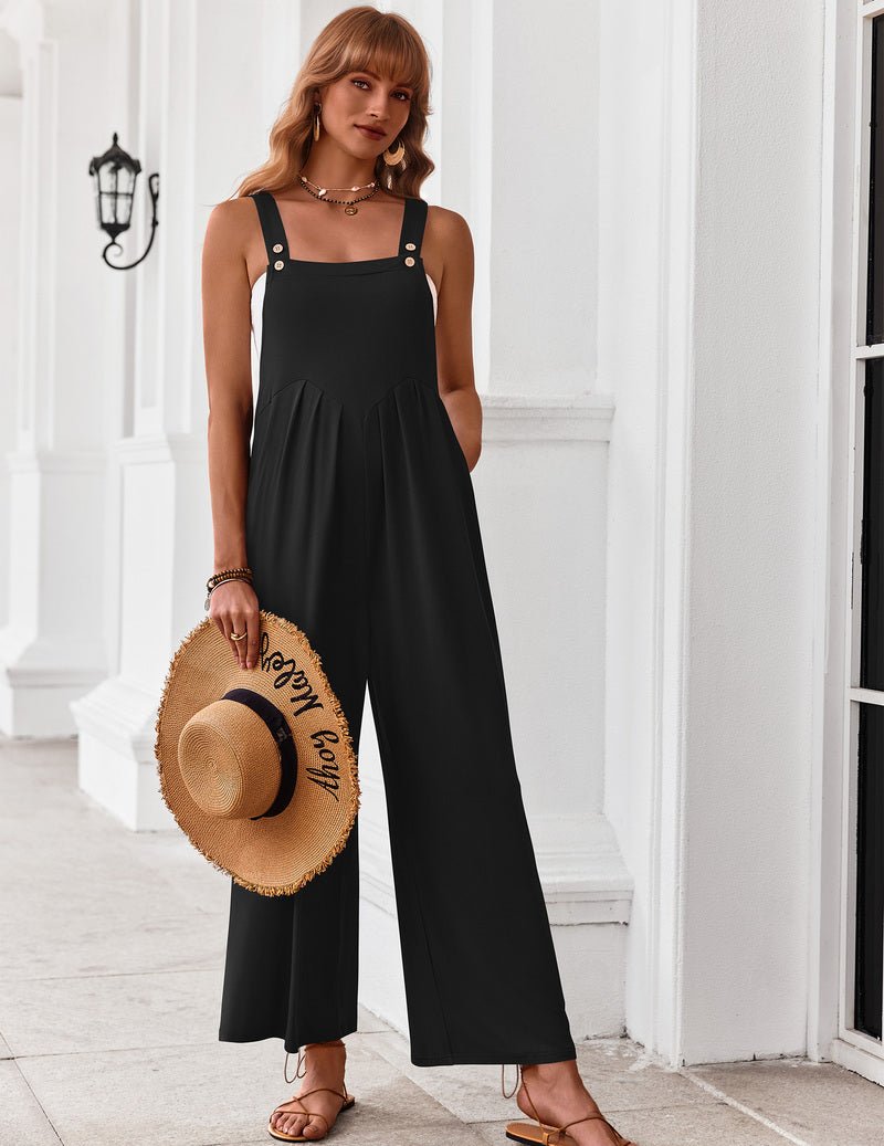 Black wide-leg jumpsuit with square neckline, button straps, and gathered waist