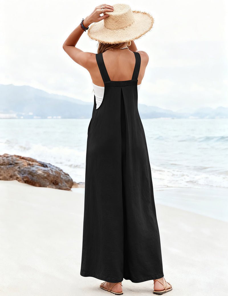 Back view: black wide-leg jumpsuit with open back and wide adjustable straps