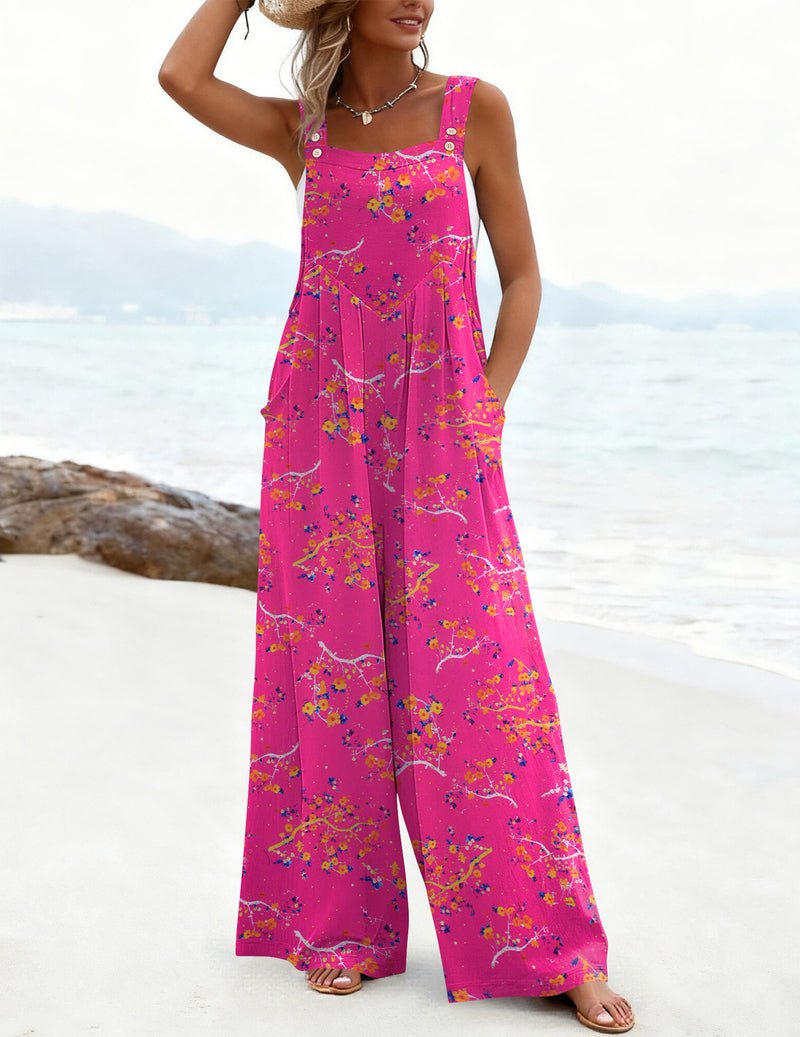 Magenta pink floral wide-leg jumpsuit with square neckline and button-strap bib