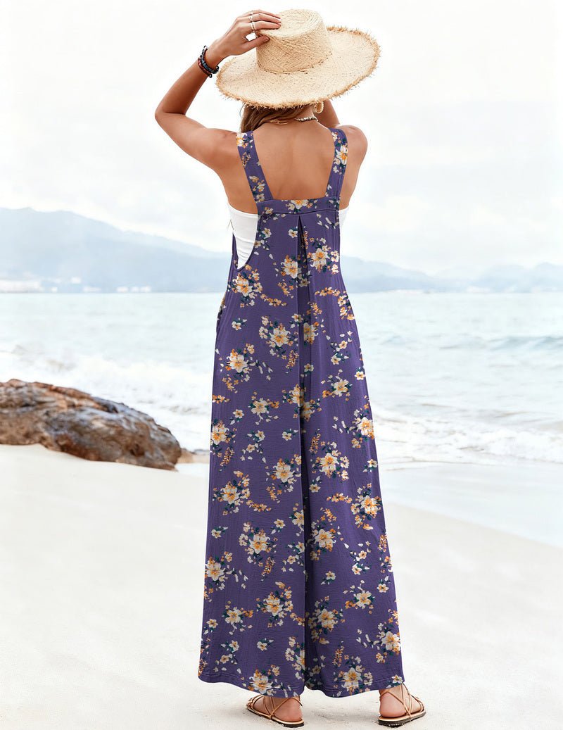 Boho floral wide-leg jumpsuit, navy with yellow and pink flowers