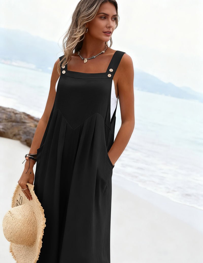 Black wide-leg jumpsuit with square neckline and buttoned shoulder straps