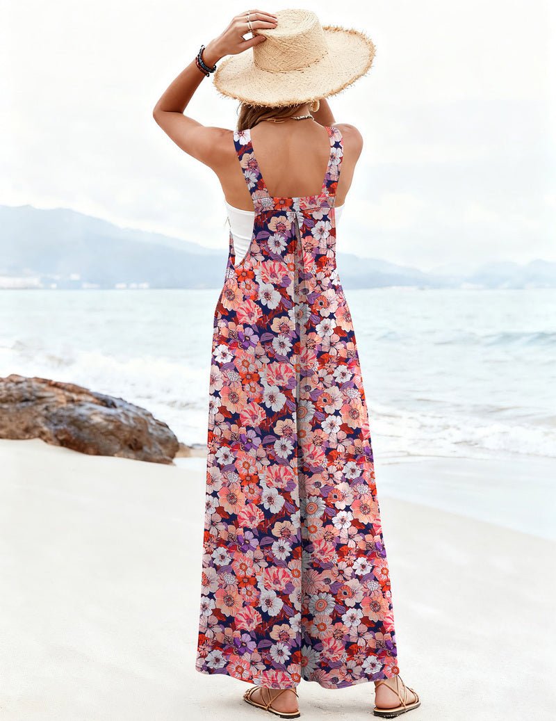 Wide-leg floral jumpsuit in pink with blue and purple scattered blossoms