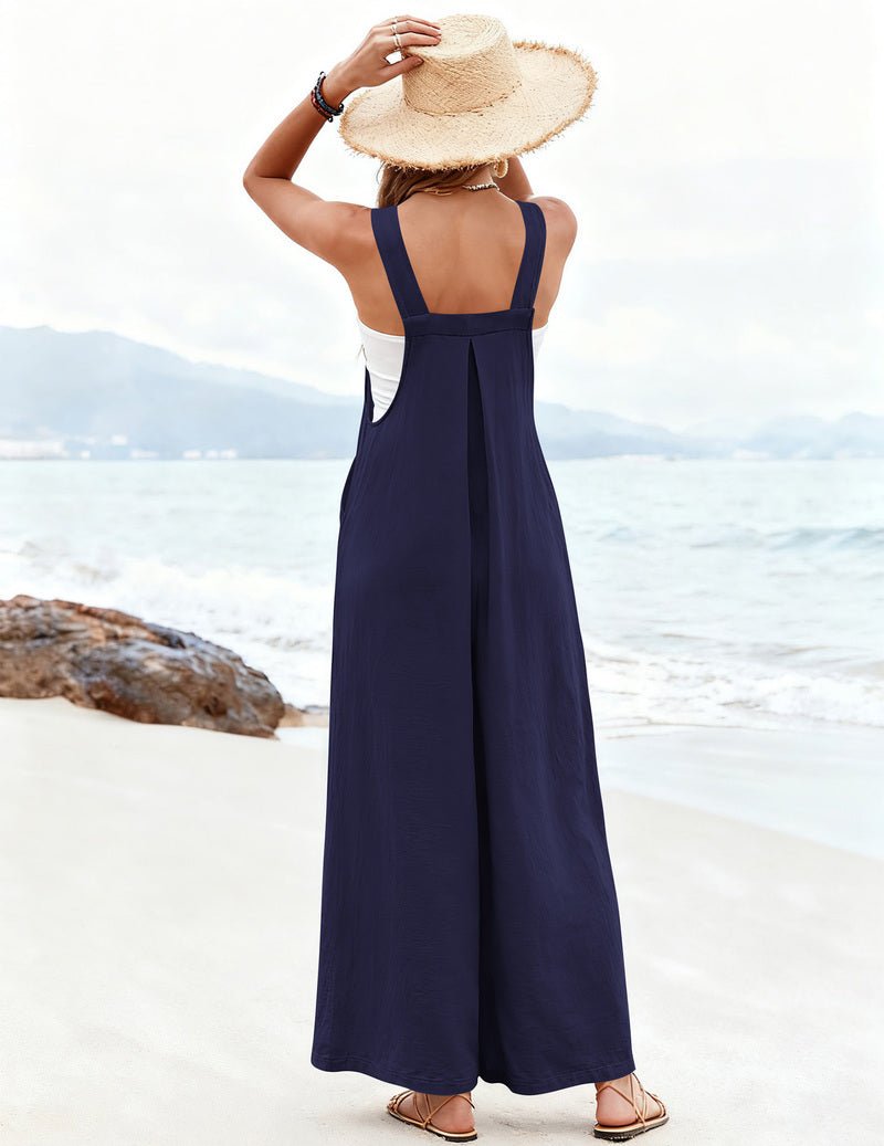 Loose wide-leg jumpsuit in dark navy, square-back and spaghetti straps