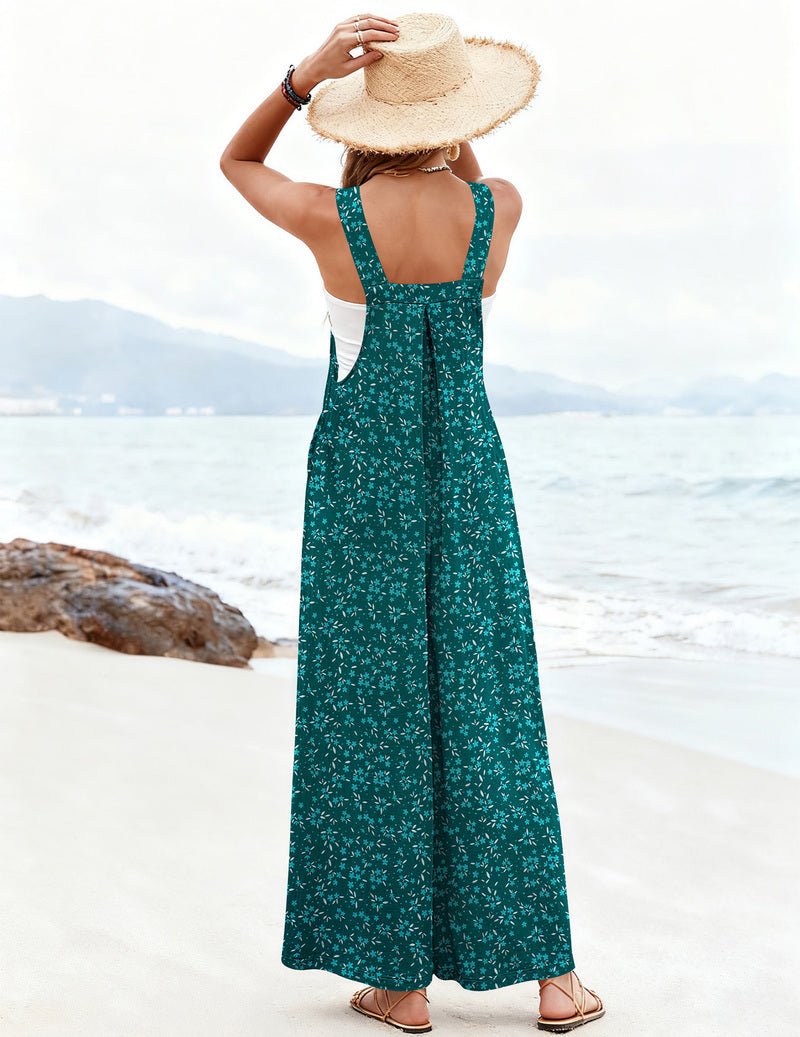 Grün-blaue Florallatzhose mit weitem Bein, Rückenausschnitt, ärmellos