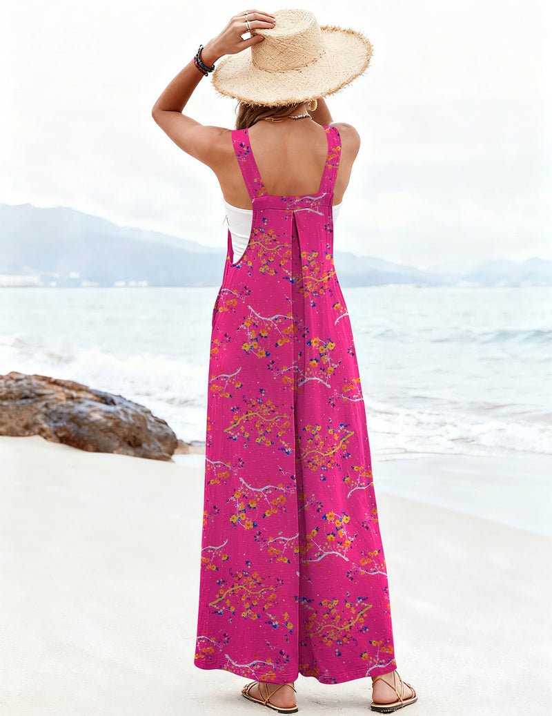 Pinkfarbene Florallatzhose mit weitem Bein, tiefem Rückenausschnitt