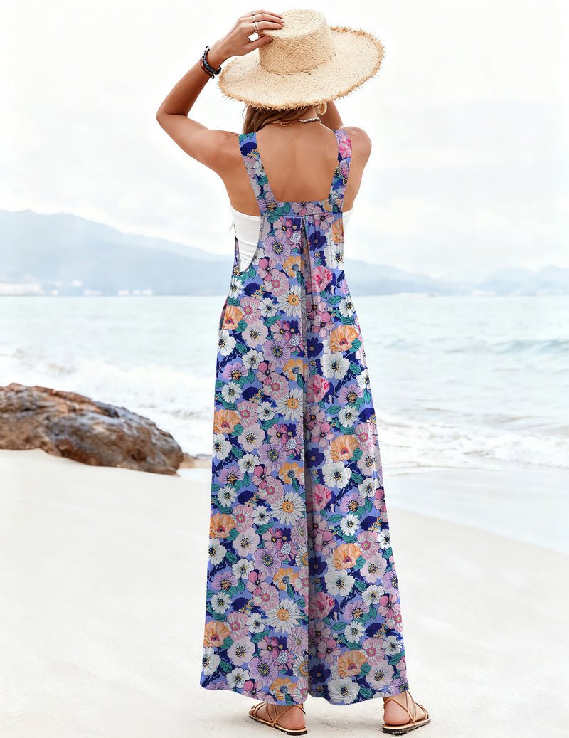 Wide-leg floral jumpsuit in purple with multicolor flower and patch print