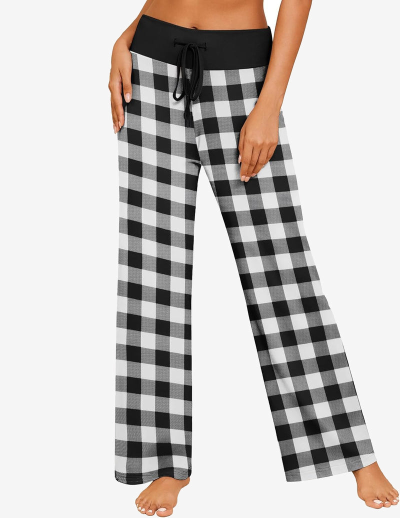 Black-and-white plaid wide-leg pajama pants with drawstring waist