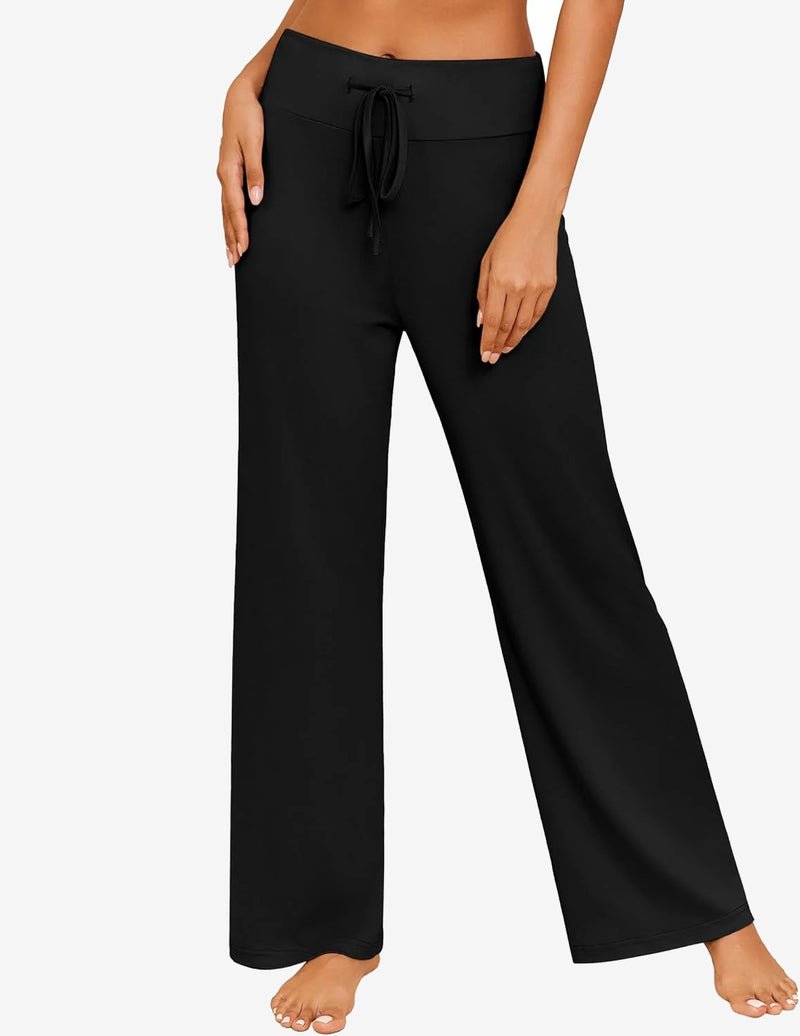 Black wide-leg pajama pants with tie drawstring waist and smooth fabric
