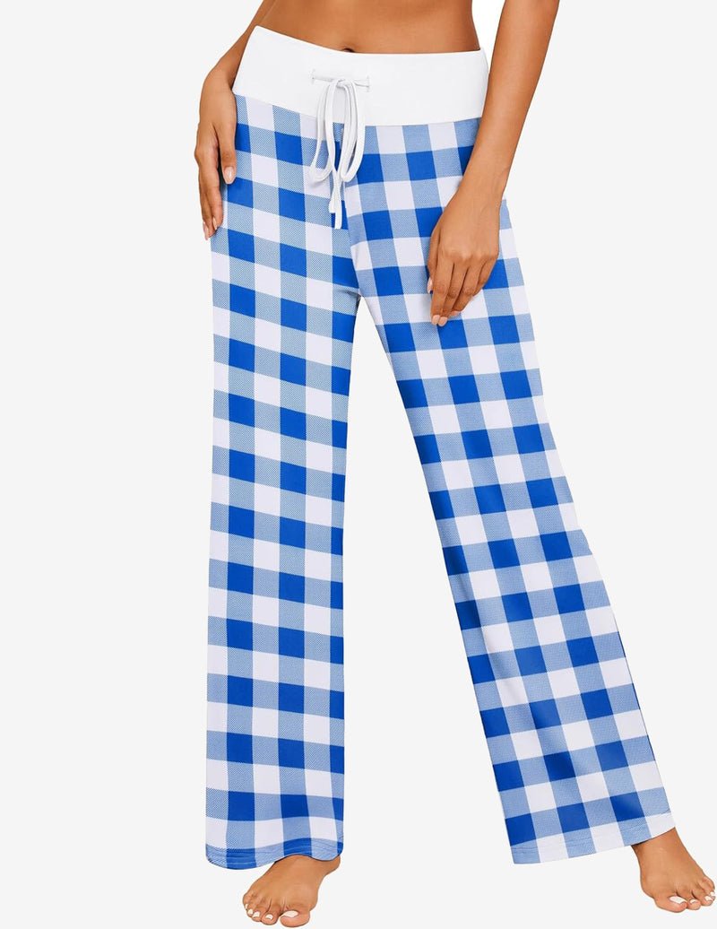 Blue-and-white plaid wide-leg pajama pants with drawstring waist