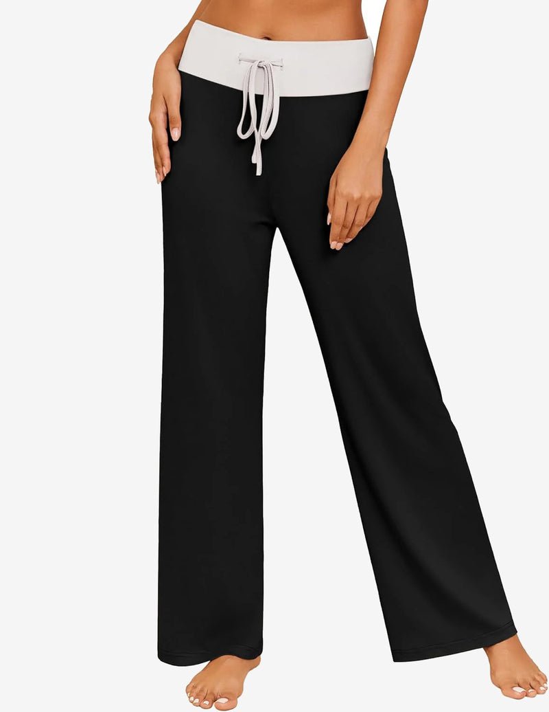 Black wide-leg yoga pajama pants with drawstring waist, ankle-length