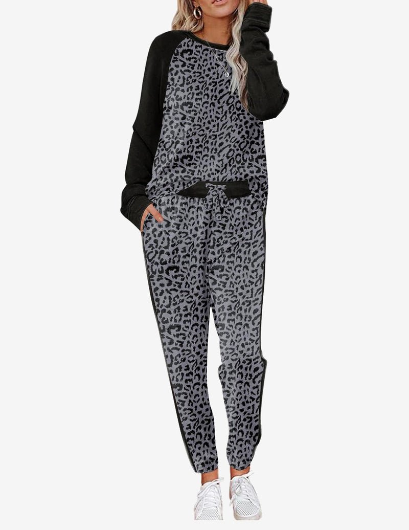 Black and gray leopard-print long-sleeve pajama set with drawstring pants