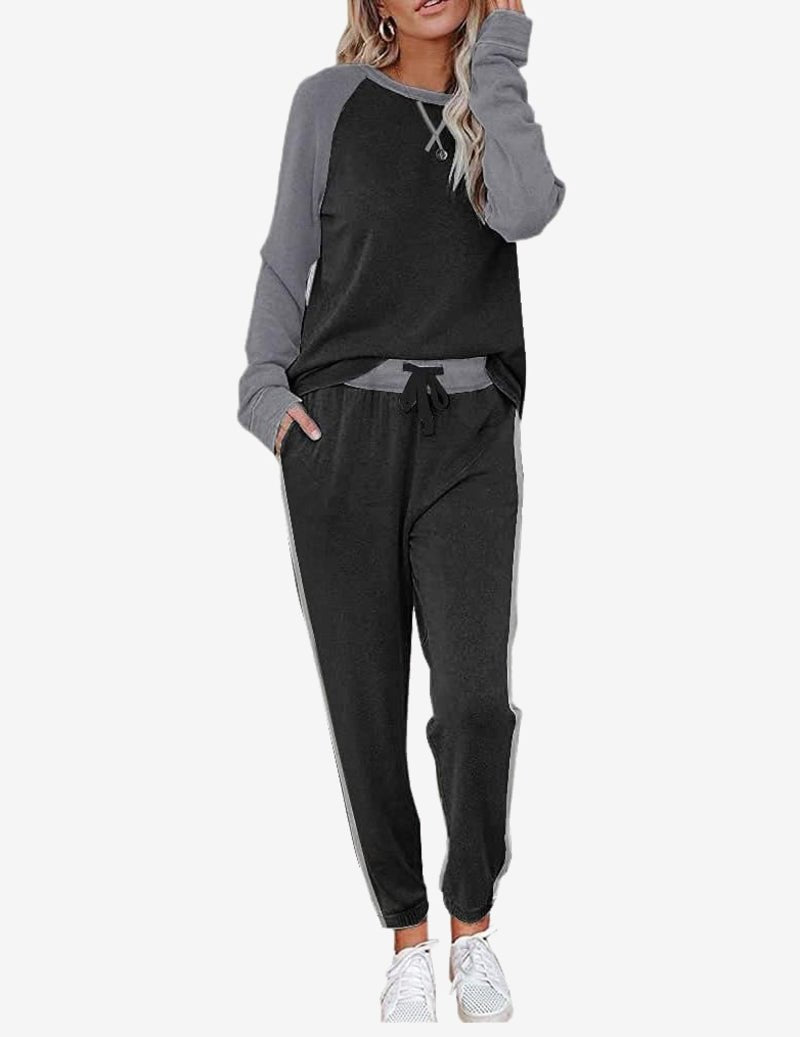 Black and gray long-sleeve pajama set with contrast top and drawstring pants