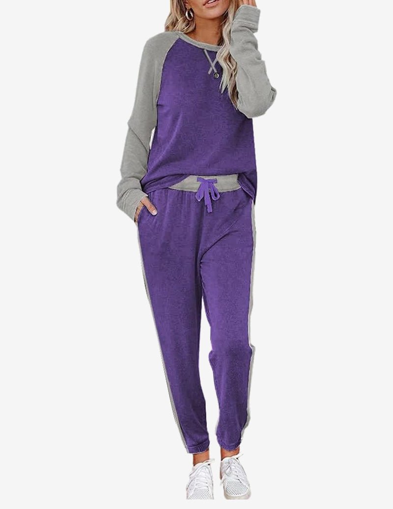 Long-sleeve pajama set with solid purple pants, heather gray sleeves and neckline