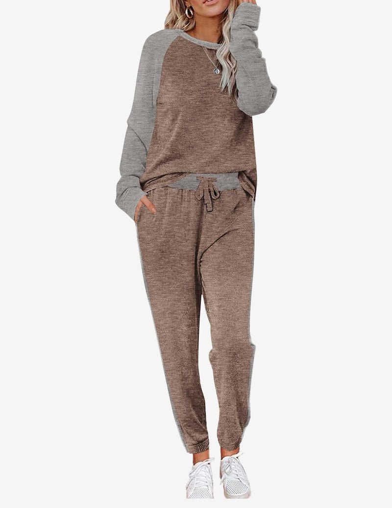 Solid pajama set with long sleeves and drawstring pants, brown with gray raglan sleeves
