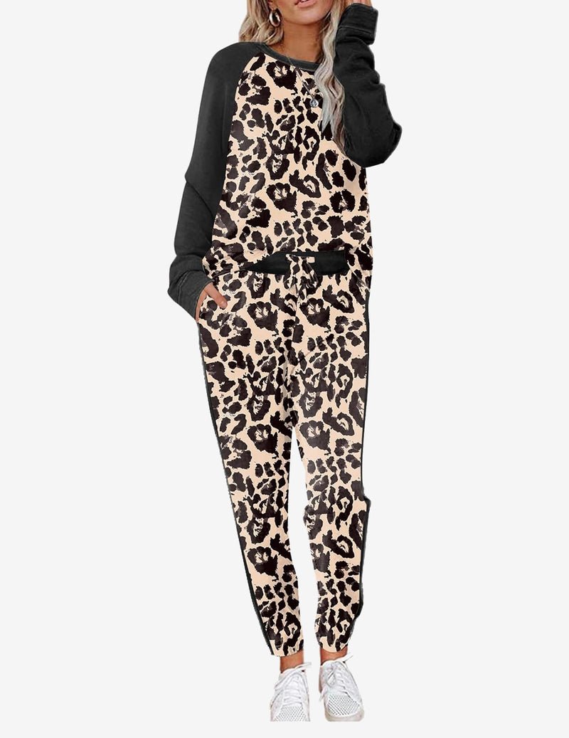 Pajama set with long sleeves and leopard print pants, black and tan color block