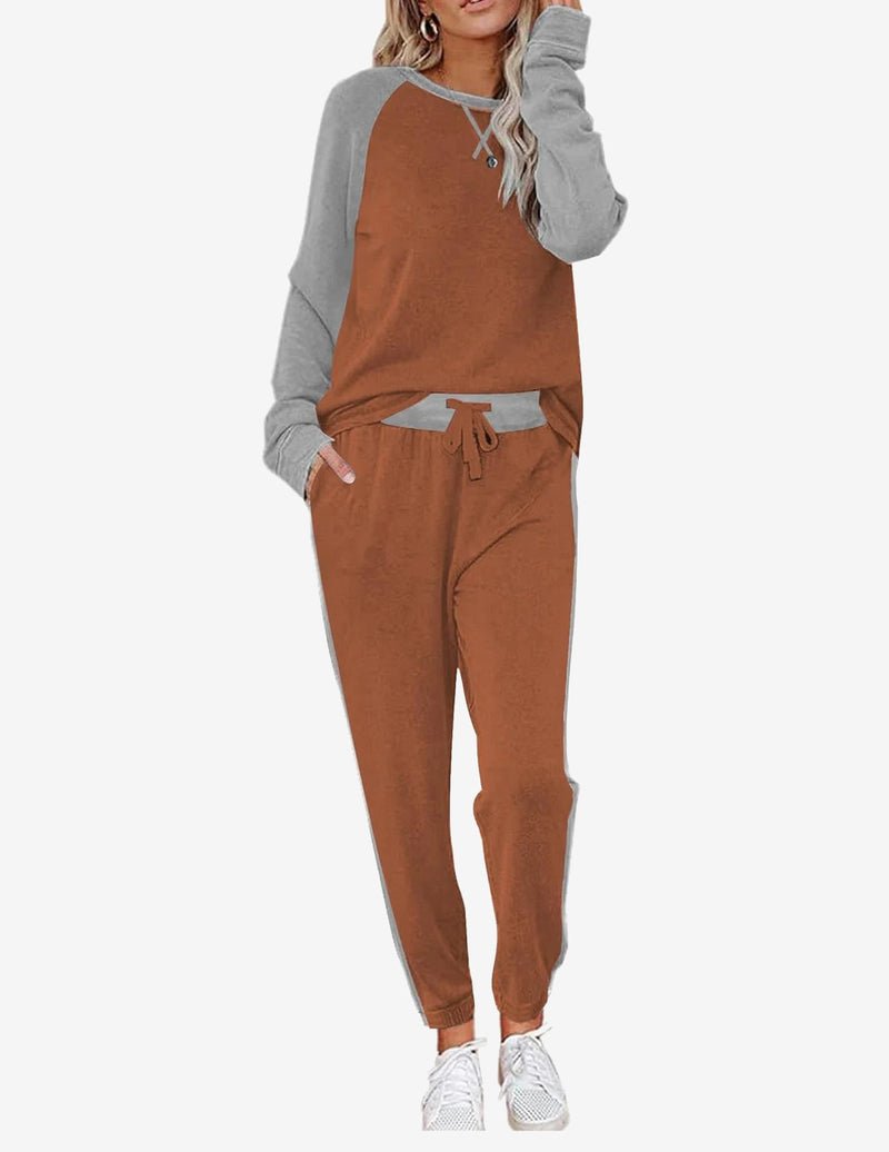 Pajama set long sleeves and drawstring jogger pants, rust with gray raglan sleeves