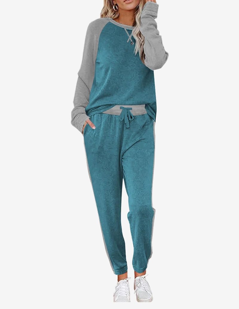 Pajama set long sleeves and drawstring pants in teal blue with gray raglan sleeves