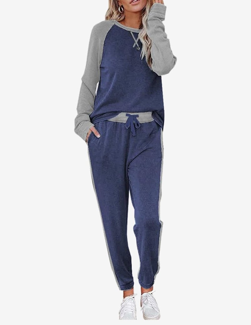 Pajama set with long sleeves and drawstring jogger pants, navy blue with gray sleeves