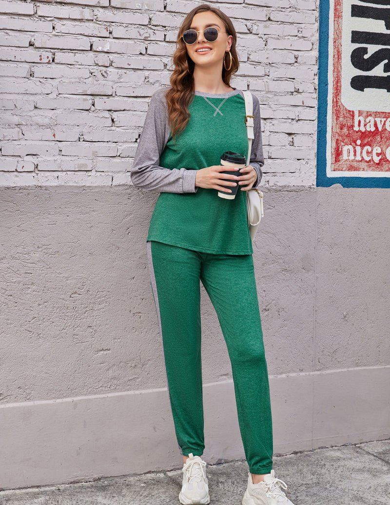 Green long-sleeve pajama set with matching pants and drawstring waist