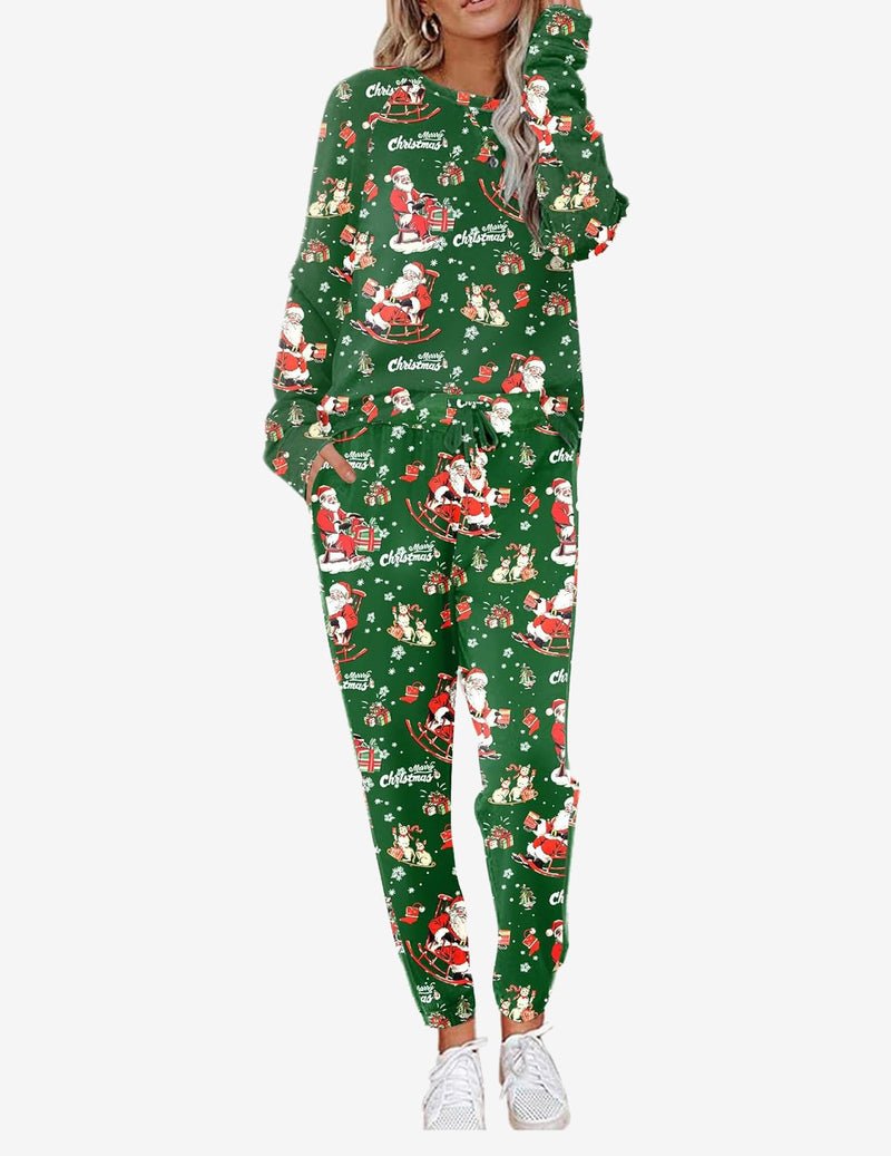 Christmas green pajama set with long sleeves and matching patterned jogger pants