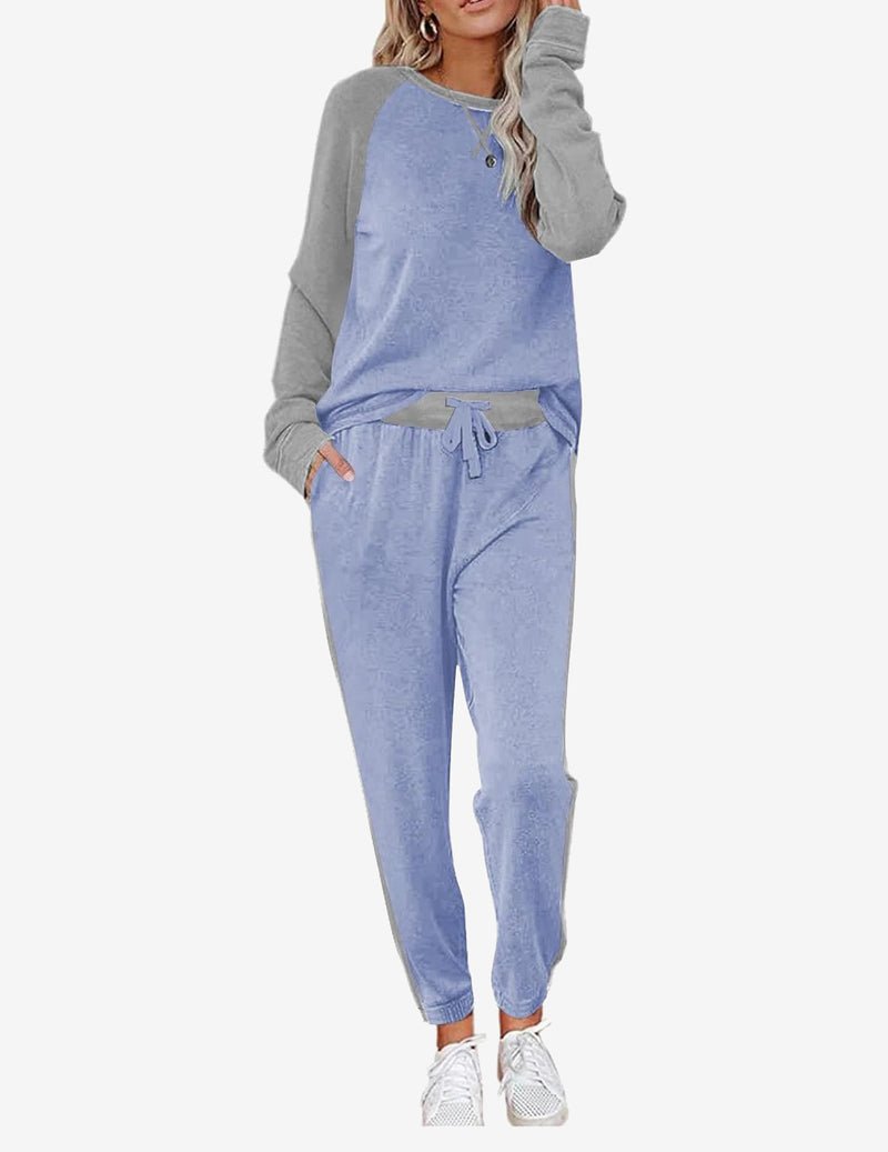Pajama set long-sleeve top and drawstring pants in light blue with gray raglan sleeves
