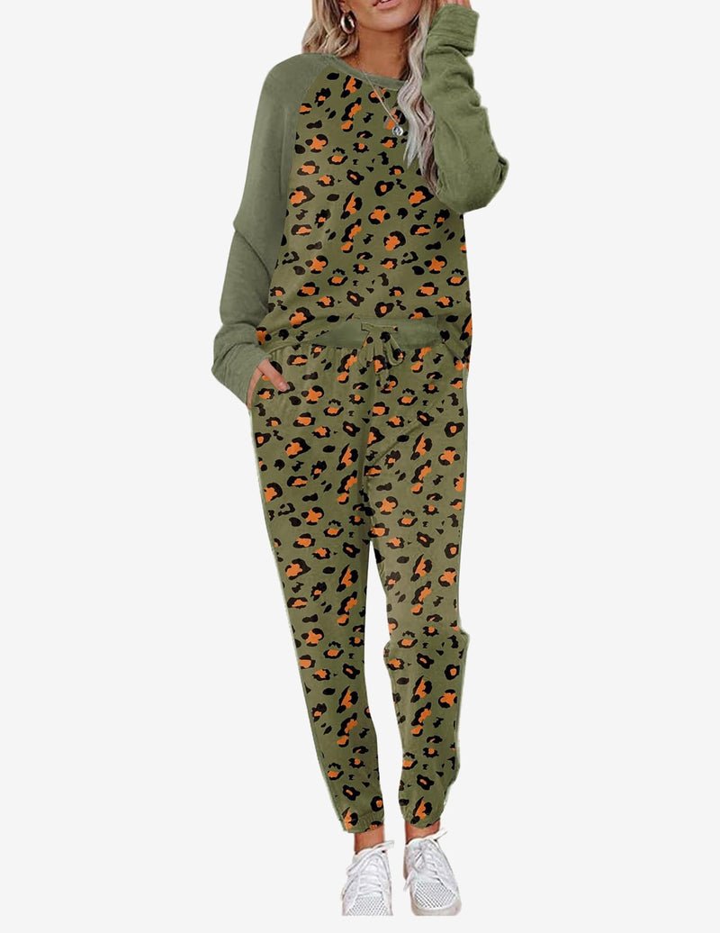 Olive green long-sleeve pajama set with allover animal print and drawstring pants