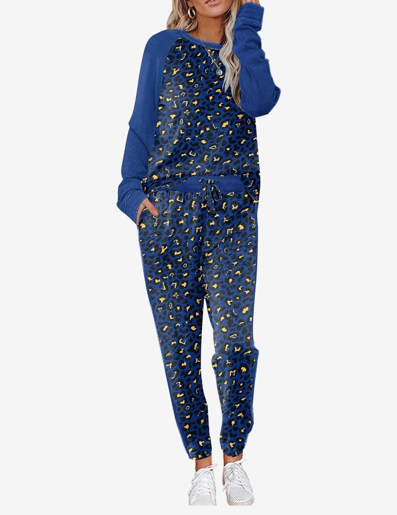 Blue long-sleeve pajama set with allover small pattern and drawstring jogger pants