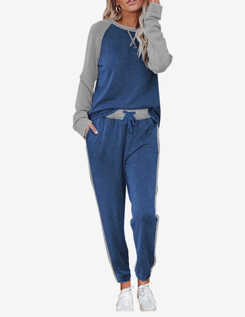 Blue and gray long-sleeve pajama set, two-piece with drawstring pants