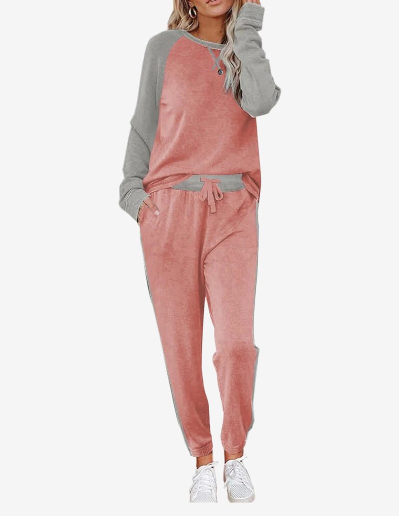 Pink long-sleeve pajama set, two-piece lounge set with drawstring waist pants