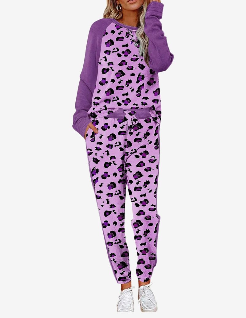 Pajama set long-sleeve top and leopard print pants in purple and pink tones