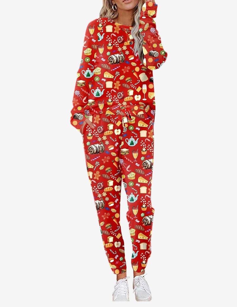 Red Christmas-themed long-sleeve pajama set with matching patterned jogger pants