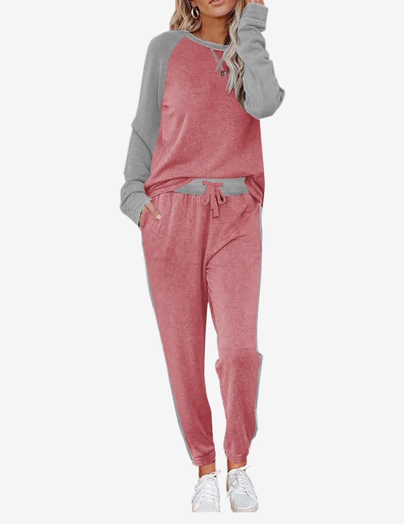 Mauve-pink long-sleeve pajama set, two-piece lounge set with drawstring waist
